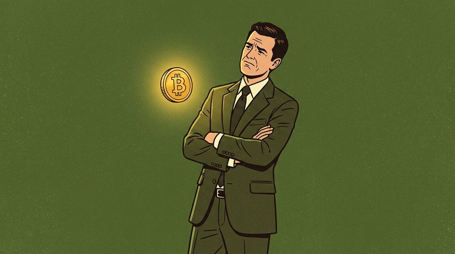 Hesitant politician facing a glowing cryptocurrency coin — representing the tension between traditional governance and decentralized systems